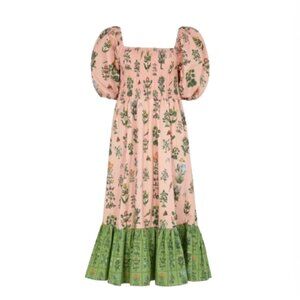 Rhode Eloise Smocked Midi Dress Womens XS Pink Green Puff Sleeve Floral Cotton